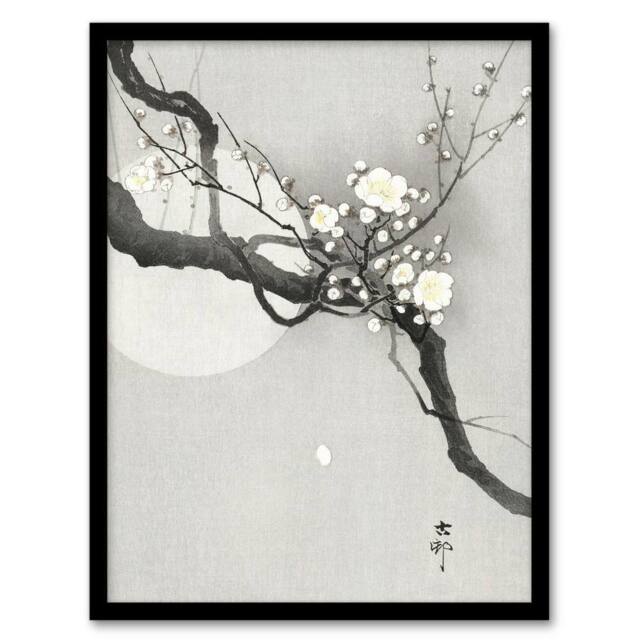 "Artery8 Plum Blossom & Full Moon Vintage Japan Framed Wall Art Print Koson in Grey - Size: W12"" x H16""" - image 1