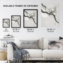 "Artery8 Plum Blossom & Full Moon Vintage Japan Framed Wall Art Print Koson in Grey - Size: W12"" x H16""" - thumbnail 3