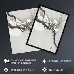 "Artery8 Plum Blossom & Full Moon Vintage Japan Framed Wall Art Print Koson in Grey - Size: W12"" x H16""" - thumbnail 2