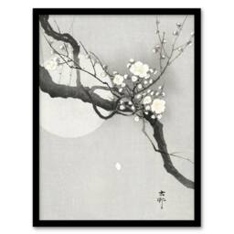 "Artery8 Plum Blossom & Full Moon Vintage Japan Framed Wall Art Print Koson in Grey - Size: W12"" x H16""" - thumbnail 1