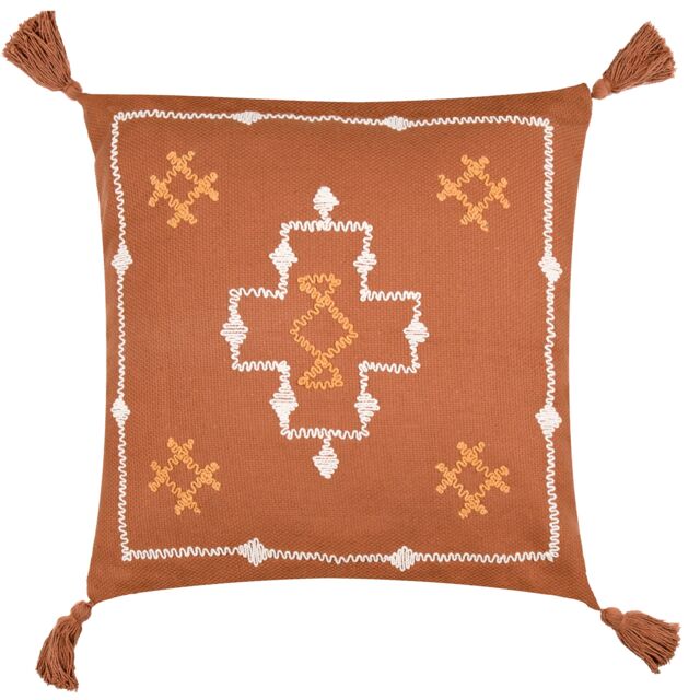 Yard Durdle 100% Cotton Embroidered Tasselled Cushion in Burnt Orange - Size: 45 cm x 45 cm - image 1