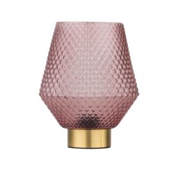 First Choice Lighting Porter - Battery Operated Satin Brass Lamp with Pink Textured Glass in Gold