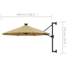 Berkfield Home Elegant Wall-mounted Parasol with LEDs & Metal Pole 300 cm Taupe in Beige - thumbnail 9