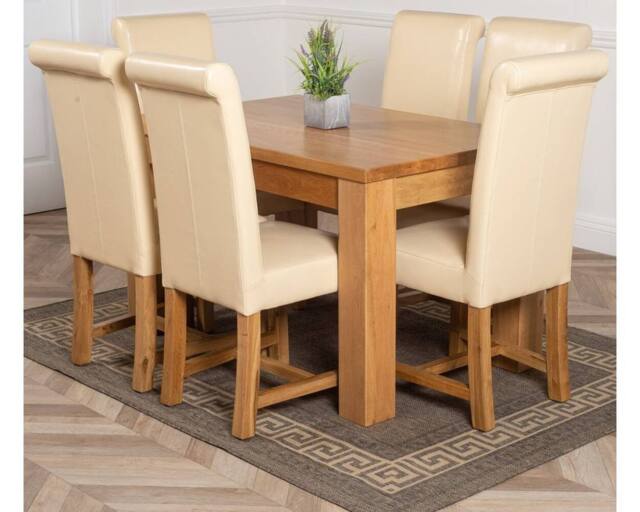 Thats Furniture Dakot 127 x 82cm Oak Small Dining Table & 6 Washington Leather Chairs in Cream - Size: 127 x 82 cm - image 1