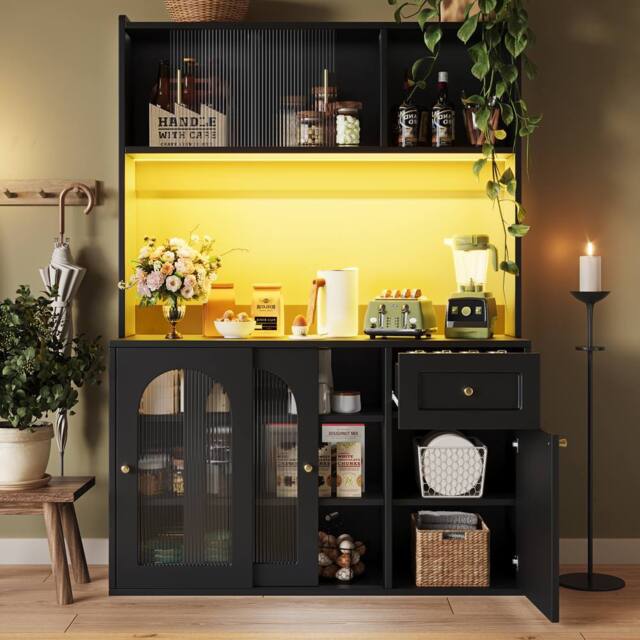 Rolipo Tall Kitchen Cabinet Buffet Sideboard with Smart LED in Black - image 1