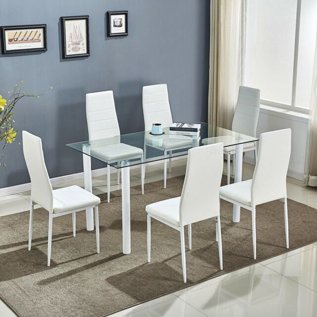 KOSY KOALA Glass Dining Table Set of 6 Kitchen Dining Table With 6 Chairs in White - image 1