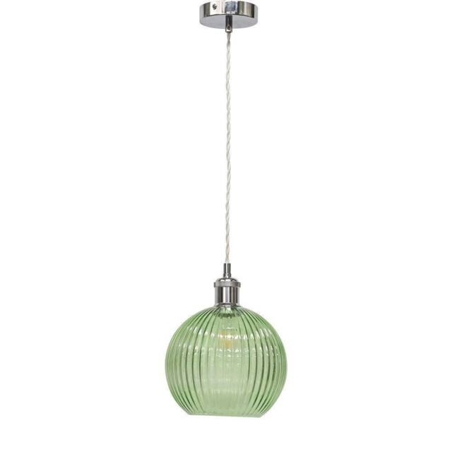 First Choice Lighting Betchley - Green Ribbed Glass Globe Chrome Retro Pendant Fitting - image 1