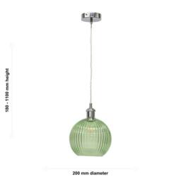 First Choice Lighting Betchley - Green Ribbed Glass Globe Chrome Retro Pendant Fitting - thumbnail 5