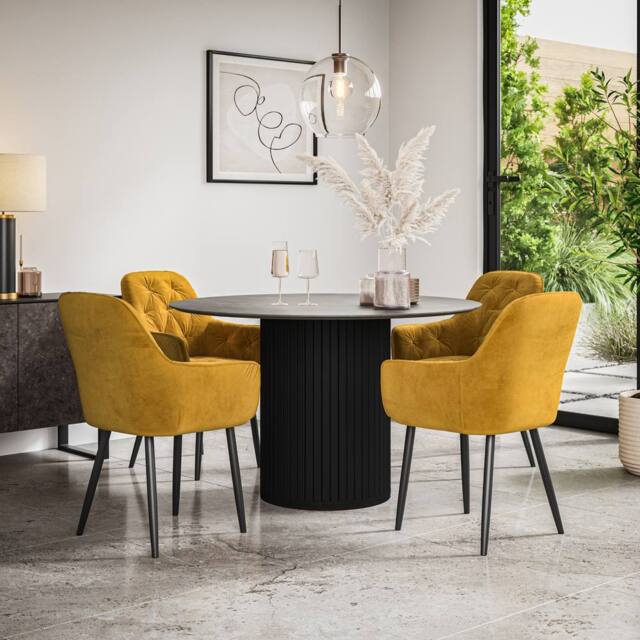 More4Homes Arlo Concrete Table Top W Black Legs + Anika Velvet Dining Chair Set Of 4 in Mustard - image 1