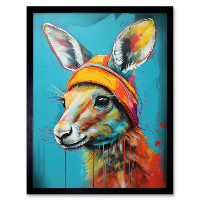 "Artery8 Wall Art Print Baby Kangaroo Joey Wearing Hat Teal & Orange Art Framed in Black - Size: W12"" x H16""" - image 1