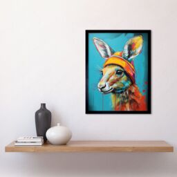"Artery8 Wall Art Print Baby Kangaroo Joey Wearing Hat Teal & Orange Art Framed in Black - Size: W12"" x H16""" - thumbnail 2