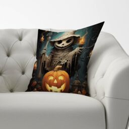 Warren Reed - Designer Creepy Ghost With Pumpkins Cushions in Orange - Size: 45 cm x 45 cm - thumbnail 2