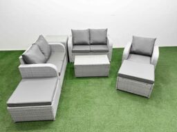 Fimous High Back Poly Rattan Garden Furniture Set w/ Reclining Chair Loveseat Sofa Rectangular Coffee Table Indoor Outdoor Patio Set 2 Big Stool Side - thumbnail 1
