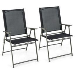 Costway 2 Pieces Patio Folding Chairs Outdoor Portable Dining Chairs with Armrests in Black