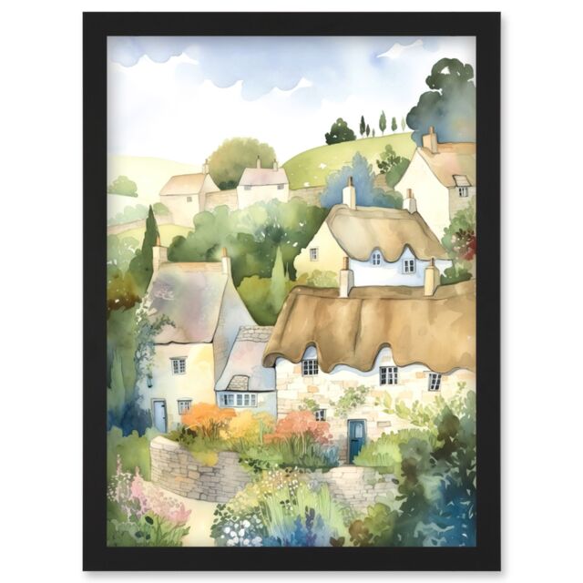 Artery8 Thatched Roof Cottage House Village in Soft Pastel Colours Modern Watercolour Painting Artwork Framed Wall Art Print A4 in Black - image 1