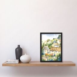 Artery8 Thatched Roof Cottage House Village in Soft Pastel Colours Modern Watercolour Painting Artwork Framed Wall Art Print A4 in Black - thumbnail 2