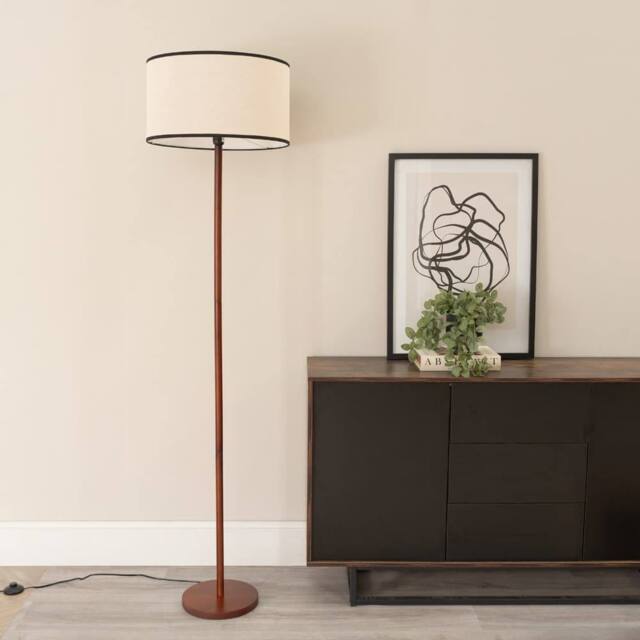 ValueLights Heather Dark Wood Single Stem Floor Lamp with Natural Drum Lamp Shade in Black - image 1