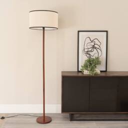 ValueLights Heather Dark Wood Single Stem Floor Lamp with Natural Drum Lamp Shade in Black - thumbnail 1