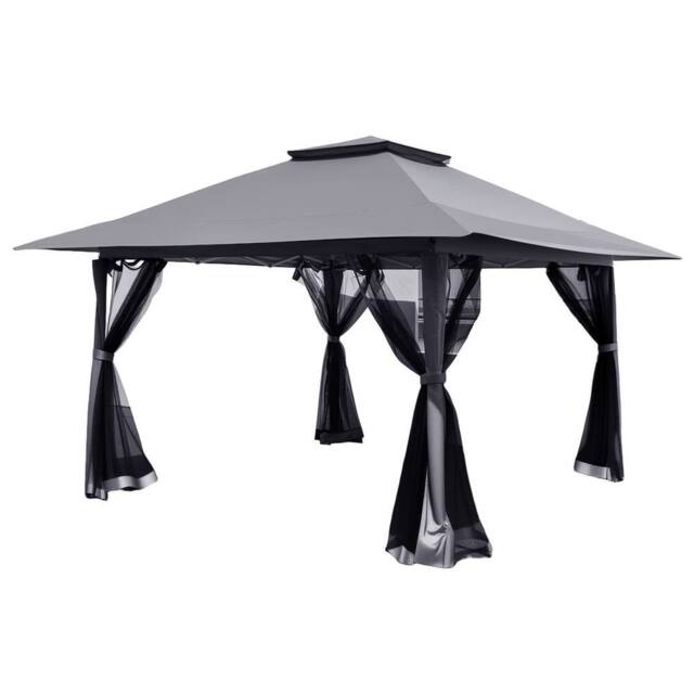 Gymax 394 x 394 CM Pop Up Gazebo Folding Canopy Tent With Mesh Netting-Grey in Grey