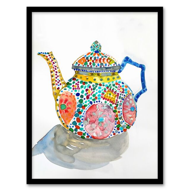 "Artery8 Teapot Colourful Patterns Watercolour Folk Art Framed Art Print - Size: W12"" x H16""" - image 1