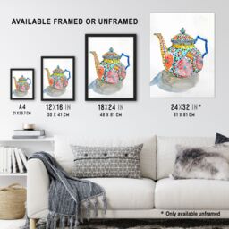 "Artery8 Teapot Colourful Patterns Watercolour Folk Art Framed Art Print - Size: W12"" x H16""" - thumbnail 3