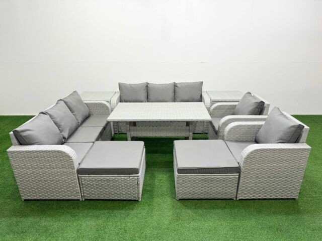 Fimous PE Rattan High Back Lounge Sofa Set Patio Rectangular Dining Table & Chairs Set w/ 3 Seater Sofa Reclining Chair 2 Big Footstool 2 Side Table - image 1
