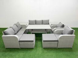 Fimous PE Rattan High Back Lounge Sofa Set Patio Rectangular Dining Table & Chairs Set w/ 3 Seater Sofa Reclining Chair 2 Big Footstool 2 Side Table - thumbnail 2