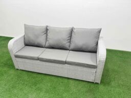Fimous PE Rattan High Back Lounge Sofa Set Patio Rectangular Dining Table & Chairs Set w/ 3 Seater Sofa Reclining Chair 2 Big Footstool 2 Side Table - thumbnail 4