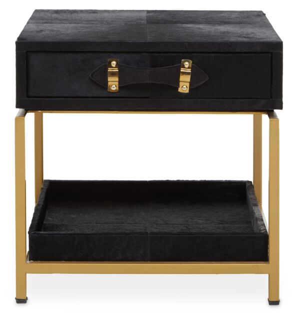 Orsina Black Hair On Hide Bedside Table, Luxe Gold Frame Nightstand, Modern Statement Side Table, Wooden Table - image 1