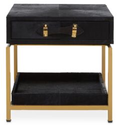 Orsina Black Hair On Hide Bedside Table, Luxe Gold Frame Nightstand, Modern Statement Side Table, Wooden Table