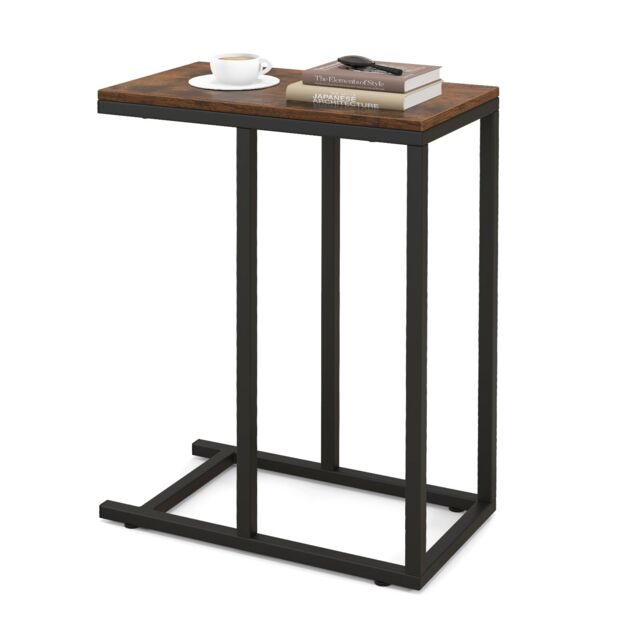 Gymax C-Shaped End Table 64cm High Side Table TV Tray Table with Metal Frame in Brown - image 1