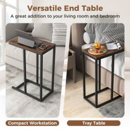 Gymax C-Shaped End Table 64cm High Side Table TV Tray Table with Metal Frame in Brown - thumbnail 6