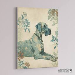 "Artery8 Great Dane Dog With Flower Pattern Canvas Wall Art Print in Blue - Size: W24"" x H32""" - thumbnail 2