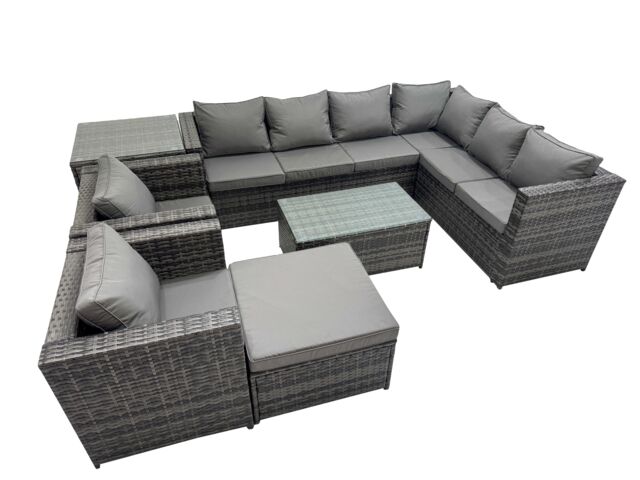 Fimous Rattan Garden Furniture Set with 2 Chairs Big Stool Side Table in Dark Grey