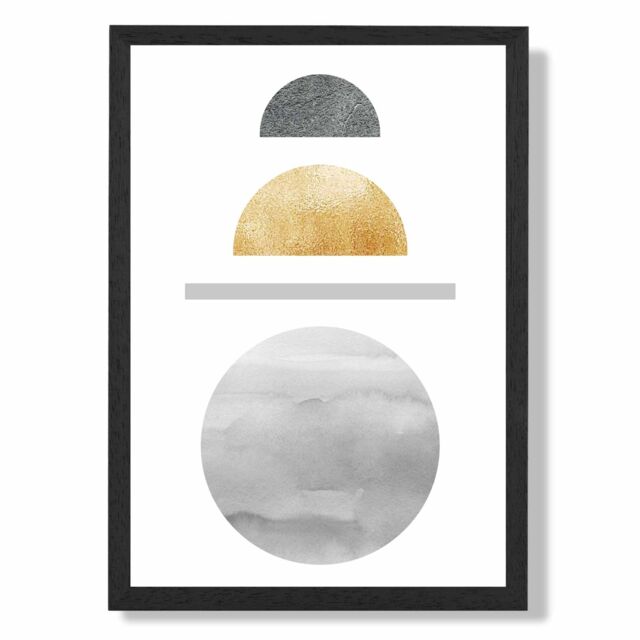 ARTZE Yellow & Grey Circles Mid Century Geometric Framed Print SIZE: A2 with Black Frame - Size: A4 - image 1