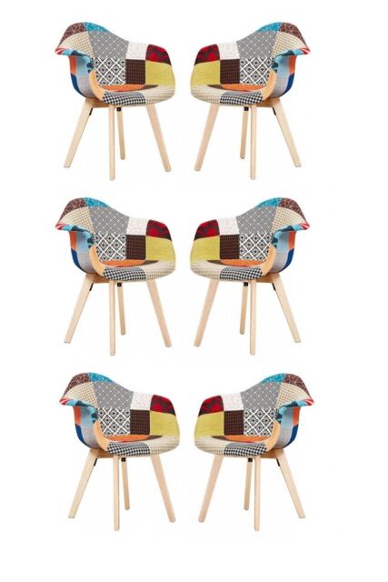 Life Interiors Set of 6 Patchwork Fabric Upholstered Accent Chairs with Wooden Legs, Mid-Century Modern Armchair - image 1