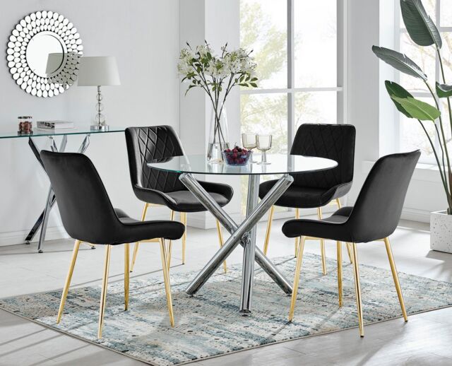 FurnitureboxUK Selina Round Glass Chrome Leg Dining Table & Pesaro Gold Leg Chairs in Black - Size: 2 Person - image 1