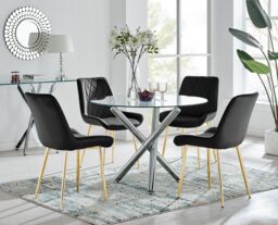 FurnitureboxUK Selina Round Glass Chrome Leg Dining Table & Pesaro Gold Leg Chairs in Black - Size: 2 Person - thumbnail 1