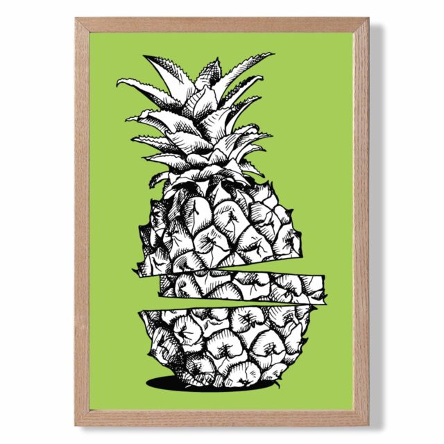 ARTZE Sketch Pineapple on Bright Green Framed Print SIZE: A2 with Oak Frame - Size: A4 - image 1