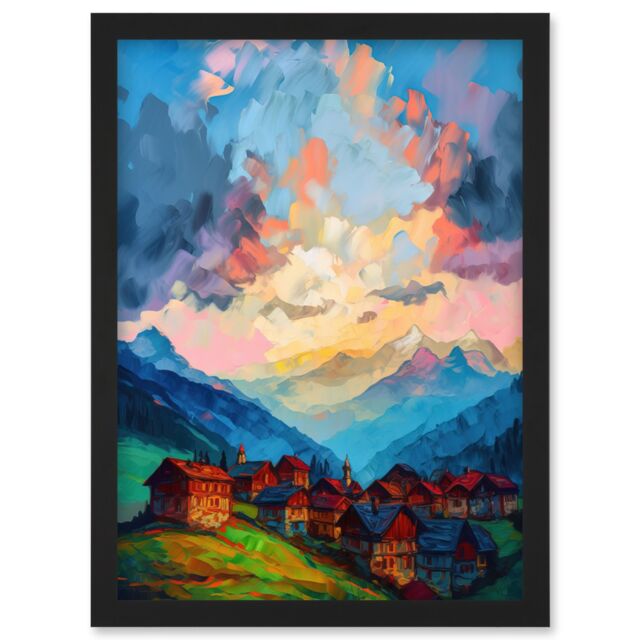 Artery8 Atmospheric Clouds at Dawn Over Small Village Houses in the Alps Modern Watercolour Painting Artwork Framed Wall Art Print A4 in Black - image 1