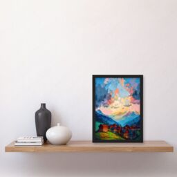 Artery8 Atmospheric Clouds at Dawn Over Small Village Houses in the Alps Modern Watercolour Painting Artwork Framed Wall Art Print A4 in Black - thumbnail 2