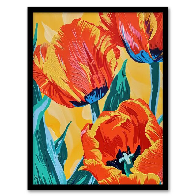 Artery8 Vibrant Orange Tulip Flowers Floral Oil Painting Framed Art Print - Size: A4 - image 1