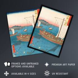 Artery8 Flatfish Netting & Fish Boats Framed Wall Art Print Utagawa Hiroshige in Blue - Size: A4 - thumbnail 2