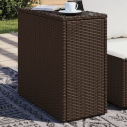 Berkfield Home Garden Side Table with Glass Top Brown 58x27.5x55 cm Poly Rattan - thumbnail 1