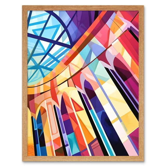 "Artery8 Wall Art Print Building with Glass Roof Modern Art Deco Colour Block Modern Watercolour Painting Art Framed in Light Oak - Size: W12"" x H16""" - image 1