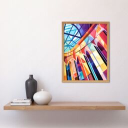 "Artery8 Wall Art Print Building with Glass Roof Modern Art Deco Colour Block Modern Watercolour Painting Art Framed in Light Oak - Size: W12"" x H16""" - thumbnail 2