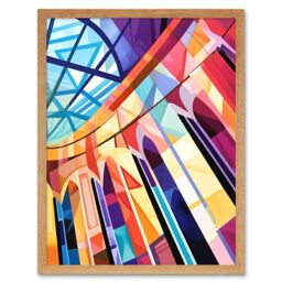 "Artery8 Wall Art Print Building with Glass Roof Modern Art Deco Colour Block Modern Watercolour Painting Art Framed in Light Oak - Size: W12"" x H16""" - thumbnail 1