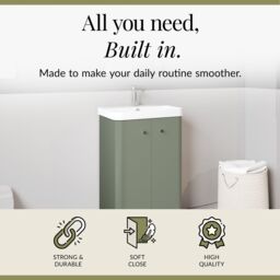 Balterley Modern Bathroom Floor 2 Door Vanity Unit Basin, Satin Green, 505mm in Green - thumbnail 2