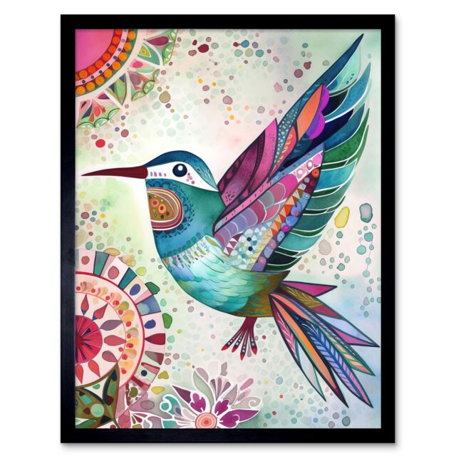 "Artery8 Wall Art Print Hummingbird With Multicolour Mandala Patterns Folk Art Watercolour Painting Art Framed in Black - Size: W12"" x H16""" - image 1