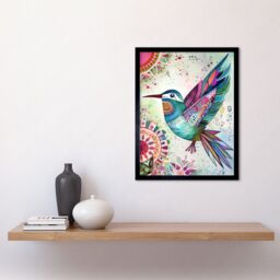 "Artery8 Wall Art Print Hummingbird With Multicolour Mandala Patterns Folk Art Watercolour Painting Art Framed in Black - Size: W12"" x H16""" - thumbnail 2